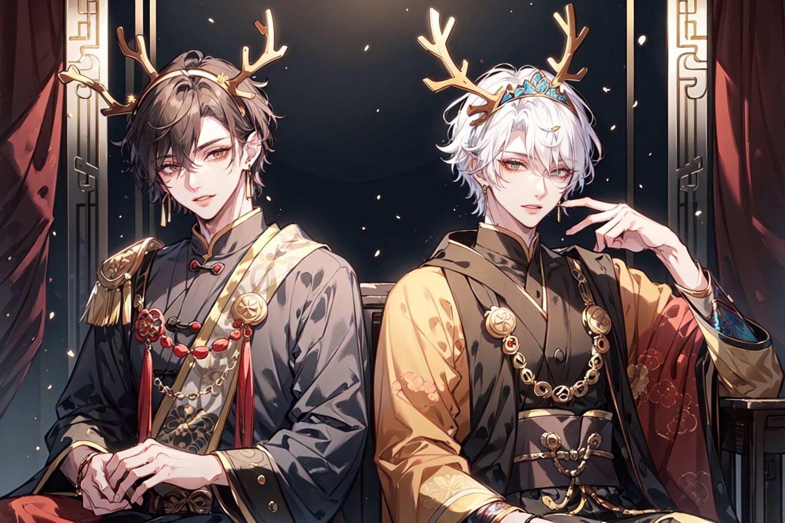 ((2 boys with antlers)),  (twenty years old), dressed in golden and black color ancient Chinese portrait, pastelbg, tiara, ear_rings, mole under eye, best quality, highly detailed, masterpiece, looking_at_viewer, Medium shot