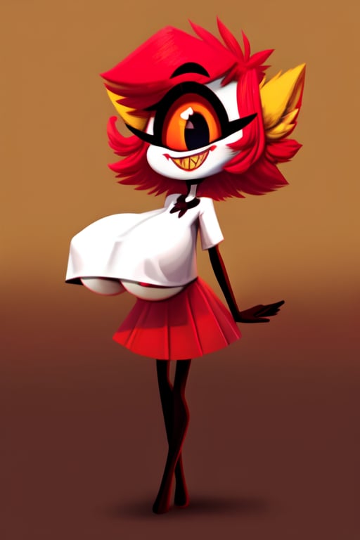 (Niffty), masterpiece, best quality, ((High detailed)), color magic, saturated colors, ((very skinny, thin)), tiny girl, ((white plain background)), full body, ((from behind)), her normal clothes, red skirt, white apron, ((white skin)), one eye, cyclops, gradient in the eye, red eye, ((large black pupil)), no nose, short hair, red hair, beautiful hair, thin legs, thin thigh, black legs, no feet, huge smile, yellow sharp teeth, extreme skinny legs, ((underboob)), (cute), ((huge boobies)), hotel,