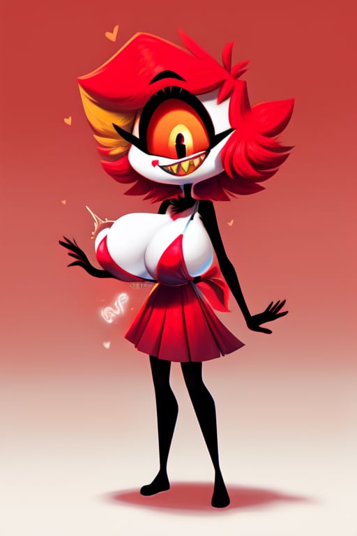 (Niffty), masterpiece, best quality, ((High detailed)), color magic, saturated colors, ((very skinny, thin)), tiny girl, ((white plain background)), full body, ((from behind)), her normal clothes, red skirt, white apron, ((white skin)), one eye, cyclops, gradient in the eye, red eye, ((large black pupil)), no nose, short hair, red hair, beautiful hair, thin legs, thin thigh, black legs, no feet, huge smile, yellow sharp teeth, extreme skinny legs, (cute), (((huge boobies))), nip rings, ((wardrobe malfunctions))