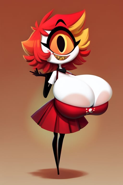 (Niffty), masterpiece, best quality, ((High detailed)), color magic, saturated colors, ((very skinny, thin)), tiny girl, ((white plain background)), full body, ((from behind)), her normal clothes, red skirt, white apron, ((white skin)), one eye, cyclops, gradient in the eye, red eye, ((large black pupil)), no nose, short hair, red hair, beautiful hair, thin legs, thin thigh, black legs, no feet, huge smile, yellow sharp teeth, extreme skinny legs, ((perfect natural boobies)), ((cleavages)), (cute), thick thigh and wide hip, (((huge boobies))), 