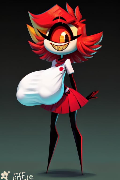 (Niffty), masterpiece, best quality, ((High detailed)), color magic, saturated colors, ((very skinny, thin)), tiny girl, ((white plain background)), full body, ((from behind)), her normal clothes, red skirt, white apron, ((white skin)), one eye, cyclops, gradient in the eye, red eye, ((large black pupil)), no nose, short hair, red hair, beautiful hair, thin legs, thin thigh, black legs, no feet, huge smile, yellow sharp teeth, extreme skinny legs, ((perfect natural boobies)), ((cleavages)), (cute), thick thighss and wide hipss, ((huge boobies)), ((huge rear)),