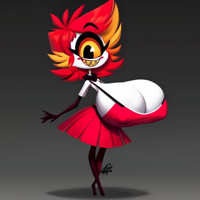 (Niffty), masterpiece, best quality, ((High detailed)), color magic, saturated colors, ((very skinny, thin)), tiny girl, ((white plain background)), full body, ((from behind)), her normal clothes, red skirt, white apron, ((white skin)), one eye, cyclops, gradient in the eye, red eye, ((large black pupil)), no nose, short hair, red hair, beautiful hair, thin legs, thin thigh, black legs, no feet, huge smile, yellow sharp teeth, extreme skinny legs, ((perfect natural boobies)), ((cleavages)), (cute), thick thigh and wide hip, ((huge boobies)), ((huge rear)), bottom heavy,