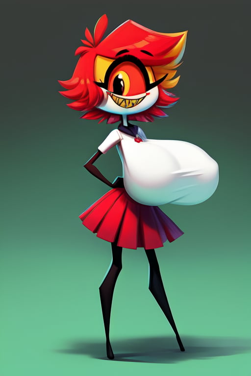 (Niffty), masterpiece, best quality, ((High detailed)), color magic, saturated colors, ((very skinny, thin)), tiny girl, ((white plain background)), full body, ((from behind)), her normal clothes, red skirt, white apron, ((white skin)), one eye, cyclops, gradient in the eye, red eye, ((large black pupil)), no nose, short hair, red hair, beautiful hair, thin legs, thin thigh, black legs, no feet, huge smile, yellow sharp teeth, extreme skinny legs, ((perfect natural boobies)), ((cleavages)), (cute), thick thigh and wide hip, (((huge boobies))), 