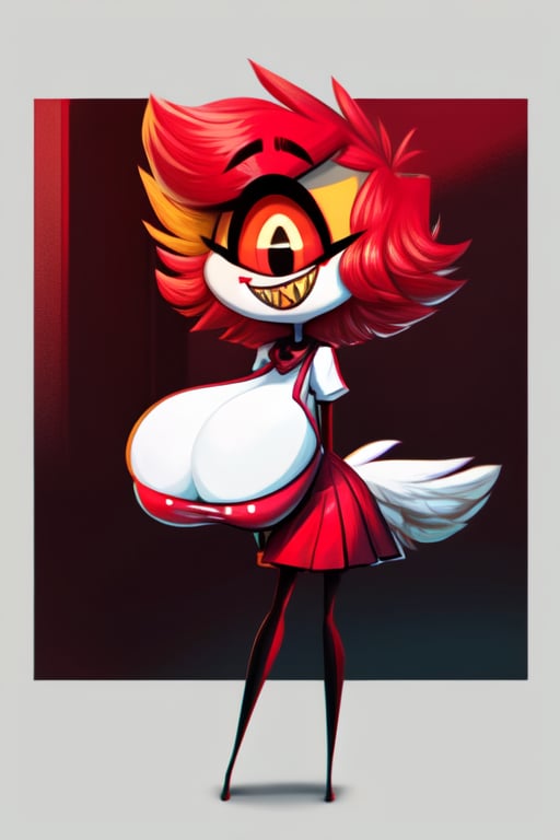 (Niffty), masterpiece, best quality, ((High detailed)), color magic, saturated colors, ((very skinny, thin)), tiny girl, ((white plain background)), full body, ((from behind)), her normal clothes, red skirt, white apron, ((white skin)), one eye, cyclops, gradient in the eye, red eye, ((large black pupil)), no nose, short hair, red hair, beautiful hair, thin legs, thin thigh, black legs, no feet, huge smile, yellow sharp teeth, extreme skinny legs, (huge natural boobies), (cute), hotel, nip slipping, ((huge boobies)) pov, 