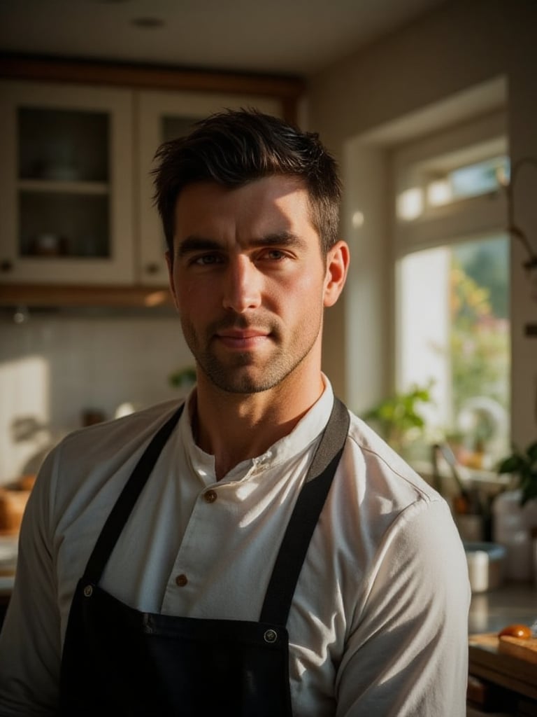 A portrait of a Handsome male in an apron in a kitchen, captured with a Sony A7R IV and 85mm f/1.8 lens. Settings are f/1.8 aperture, ISO 200, and 1/125 shutter speed. Soft, natural sunlight from a nearby window highlights his features and creates a warm glow on his face and apron. The angle is at eye level, slightly tilted, with the subject off-center using the rule of thirds, while the kitchen background softly blurs. The natural light enhances the scene, creating an elegant and intimate atmosphere