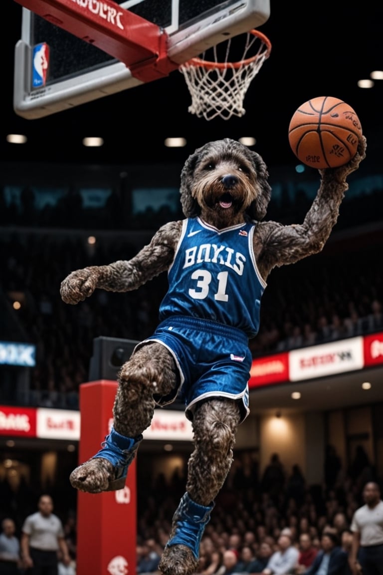 cinematic photo of labradoodle with anthropomorphic humanoid body, dressed as nba basketball player performing a slamdunk in basketball, high detail, hyper realistic. 35mm photograph, film, bokeh, professional, 4k, highly detailed, Cnd