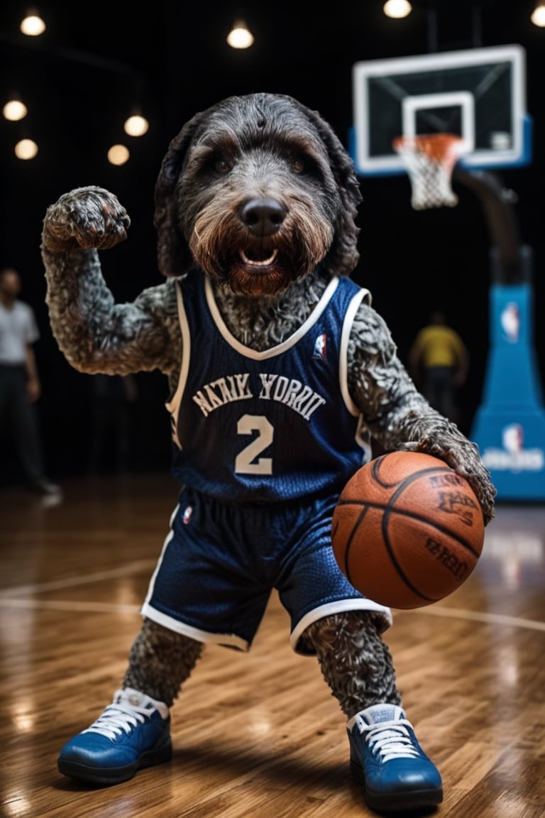 cinematic photo of labradoodle with anthropomorphic humanoid body, dressed as nba basketball player playing basketball, high detail, hyper realistic. 35mm photograph, film, bokeh, professional, 4k, highly detailed, Cnd