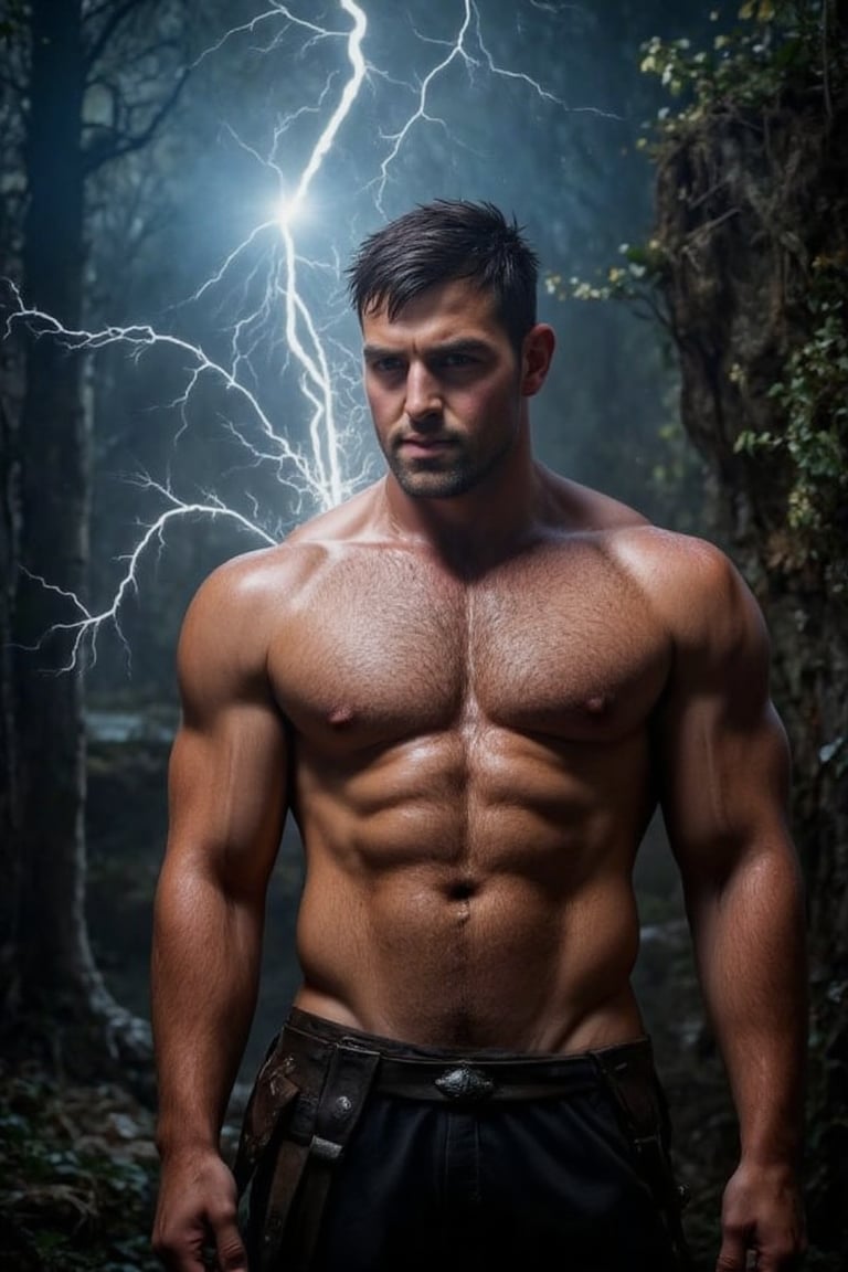 A powerful male viking figure, with a chiseled jawline and intense dark brown eyes, confidently stands amidst a dramatic full-body shot. He wears a radiant glow emanating from the lightning strike that crackles across his skin, imbuing him with electrifying powers. His strong physique is accentuated by dynamic pose, as if ready to harness the energy coursing through him.