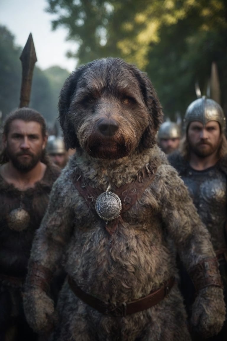 cinematic photo of a labradoodle anthropomorphic humanoid body, movie poster, dressed as a viking warrior, high detail, hyper realistic. 35mm photograph, film, bokeh, professional, 4k, highly detailed, Cnd