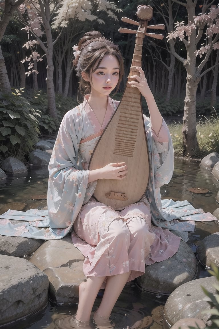 Masterpiece, top quality, best quality, official art, beautiful aesthetics, 1girl playing pipa, sitting on the rock under the cherry trees, ((Cherry blossom storm)), cherry blossom petals are falling, reach out a hand,extremely detailed, abstract, fractal art, silver hair, colorful, supreme detail, jewelry, hanfu, landscape, ink, perfect, firefly