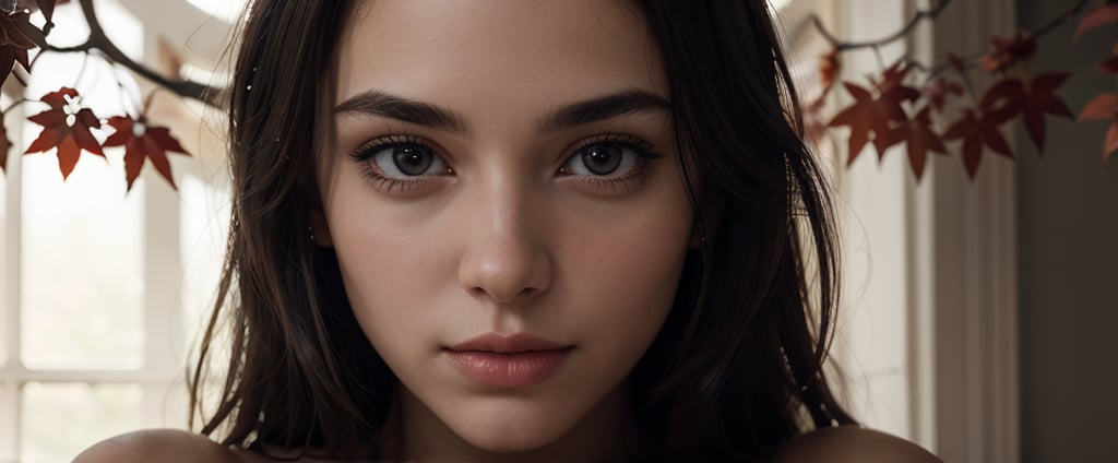 A highly detailed, close-up portrait of a woman with mesmerizing eyes that reflect the universe. The background features branches with vibrant red leaves and delicate flower petals. The woman's face is illuminated, highlighting her delicate features and creating a stark contrast with the black and white elements. The overall style is ethereal and dreamlike, with a focus on the eyes and the interplay between light and shadows.