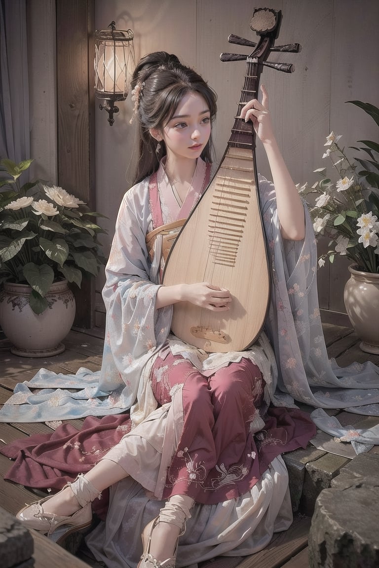 Masterpiece, top quality, best quality, official art, beautiful aesthetics, 1girl playing pipa, sitting on the rock in Chinese Garden Style, the cherry trees, ((Cherry blossom storm)), cherry blossom petals are falling, reach out a hand,extremely detailed, abstract, fractal art, silver hair, colorful, supreme detail, jewelry, hanfu, landscape, ink, perfect, firefly