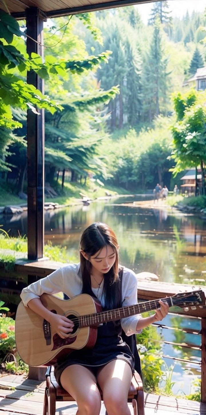 a young girl playing the guitar, fingers strumming the strings, sitting on a sunlit wooden dock by a serene lake, surrounded by tall green trees, a gentle breeze ruffling his hair, with a guitar pick nestled between his fingers, capturing a moment of musical passion and connection to nature, in a style reminiscent of classical oil paintings,pastelbg,purple cherry blossoms, tranquil scene, far_view, 