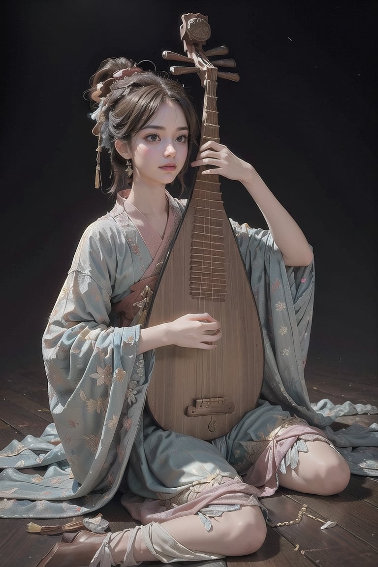 Masterpiece, top quality, best quality, official art, beautiful aesthetics, 1girl playing pipa, extremely detailed, abstract, fractal art, silver hair, colorful, supreme detail, jewelry, hanfu, landscape, ink, perfect, firefly