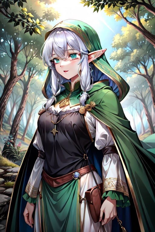 nodf_lora, elve, bow, medieval Forest, medieval clothes, emerald_eyes, green cape,milfication