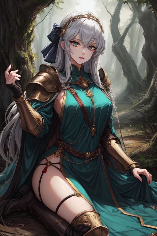 Young, emerald_eyes, emerald clothes, light armor, medieval Forest,milfication, bow,mature female