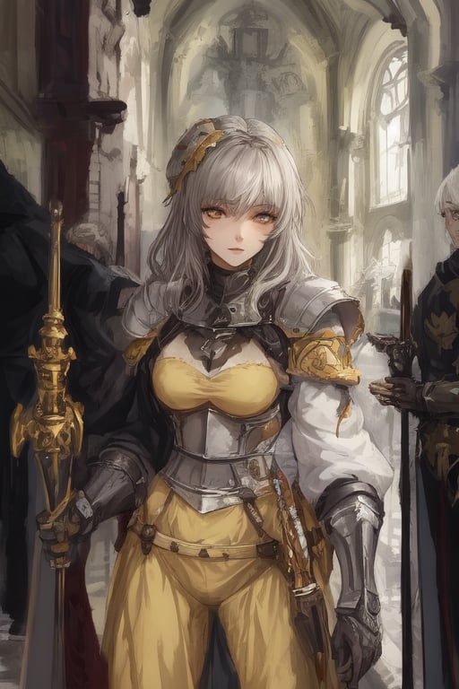 Young, medium_hair, Gray hair, yellow eyes, Golden clothes, templar armor, medieval church,milfication, dual_wielding ,nodf_lora,mature female