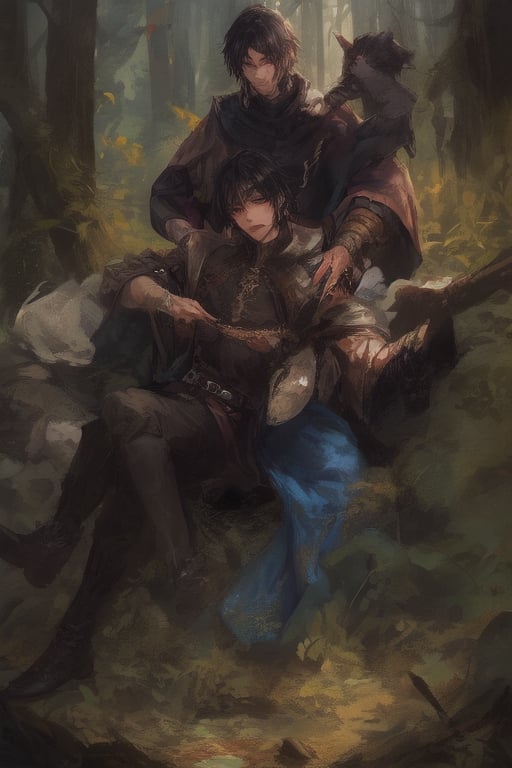 Young, black hair, short hair, purple eyes, black clothes, male, medieval clothes, Forest background