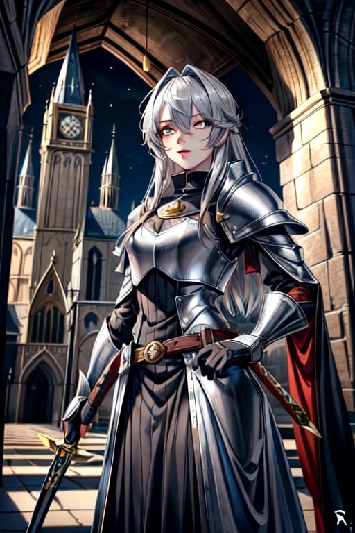 Similar to baldurs gate portraits, young, Dual wielding, mage hunter, Gray hair, medieval background, medieval church, templar armor, night, right eye orange, left eye blue, medium hair,nodf_lora,r1ge