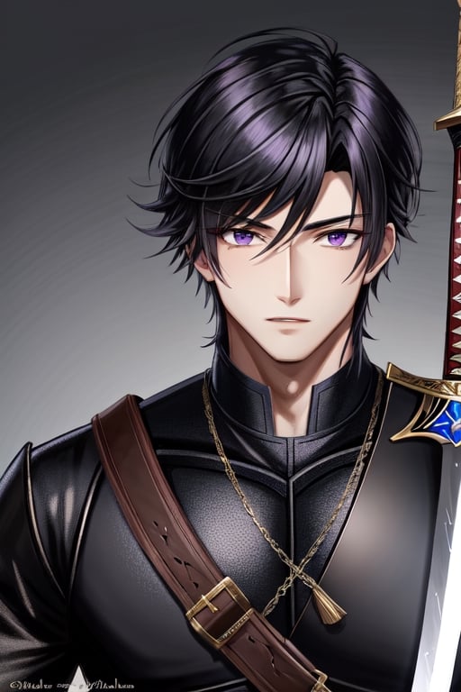 (Similar to baldurs gate portraits)Male, young, black hair, medium hair, purple eyes, white skin, black clothes, swordman, two sheathed swords, medieval background, night,fantasy00d