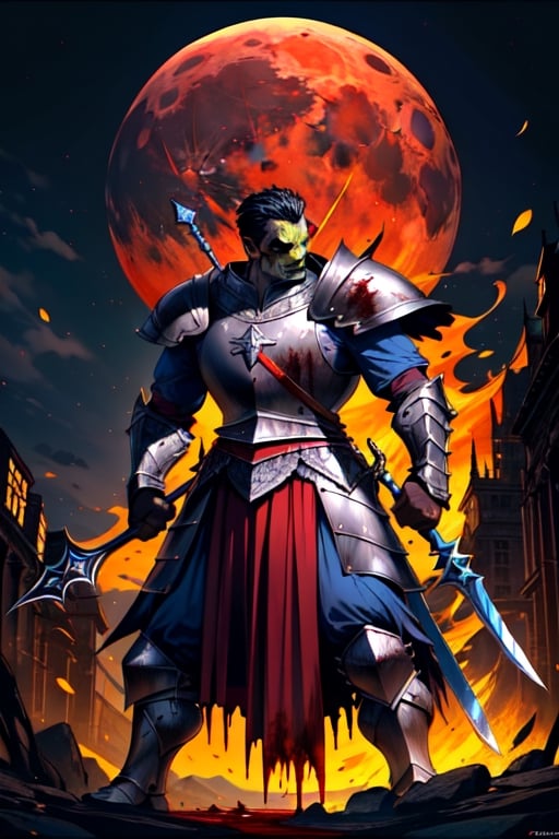 (Similar to baldurs gate portraits), young, half-orc, demiorc, strong, greatsword, Berserk, Warrior, medieval background, medieval city, medieval armor, night, fighting_stance, blood-stained_clothes, blood-moon