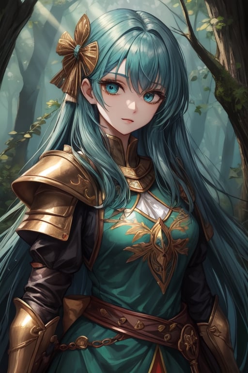 Young, emerald_eyes, emerald clothes, light armor, medieval Forest,milfication, bow