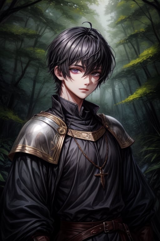 Young, black hair, short hair, purple eyes, black clothes, male, medieval clothes, Forest background