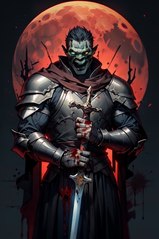 horror (theme),nodf_lora, a Half orc with a greatsword, medieval background, medieval armor, blood moon,r1ge