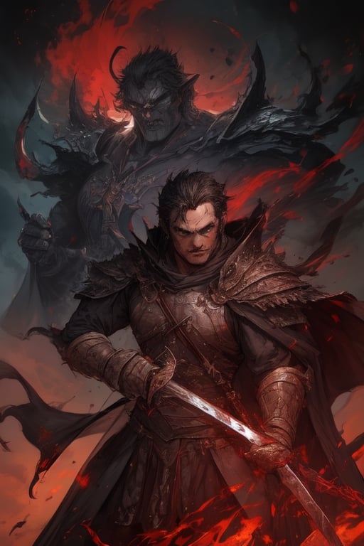 (Similar to baldurs gate portraits)Male, young, half-orc, demiorc, strong, two handed sword, greatsword, Berserk, medieval background, black suit, medieval clothes, midnight, fury, blood ,Pectoral Focus,r1ge