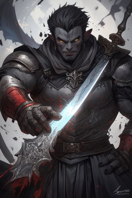 (Similar to baldurs gate portraits)Male, young, half-orc, demiorc, strong, two handed sword, greatsword, Berserk, medieval background, black suit, medieval clothes, midnight, fury, blood ,Pectoral Focus,r1ge