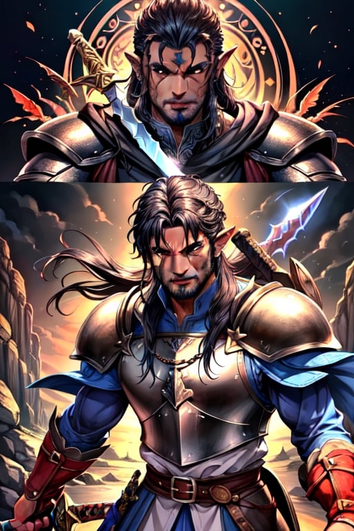 (Similar to baldurs gate portraits)Male, youn, half-orc, demiorc, strong, two handed sword, bug sword, Berserk, Warrior, medieval background, medieval clothes, midnight