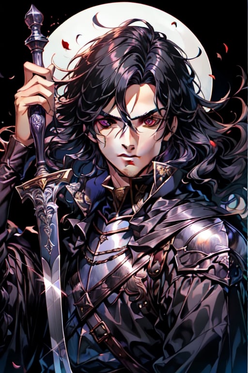 (Similar to baldurs gate portraits)Male, young, black hair, medium hair, purple eyes, white skin, black clothes, swordman, two swords, medieval background, night