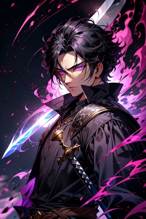 (Similar to baldurs gate portraits)Male, young, black hair, medium hair, purple eyes, white skin, black clothes, swordman, two swords, medieval background, night