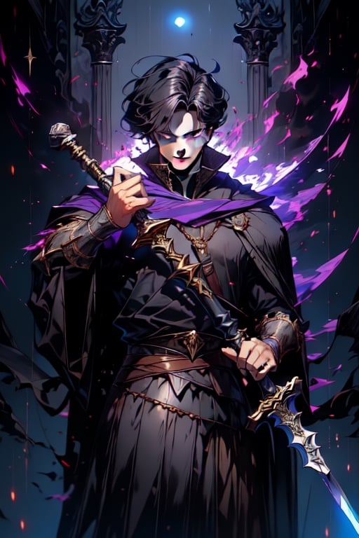 (Similar to baldurs gate portraits)Male, young, black hair, medium hair, purple eyes, white skin, black clothes, swordman, two swords, medieval background, night