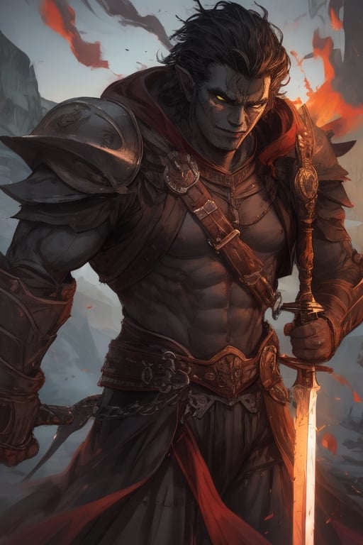 Similar to baldurs gate portraits, Male, young,human half-orc, strong, two handed sword, greatsword, Berserk, medieval background, medieval clothes, midnight, fury, blood ,Pectoral Focus,r1ge