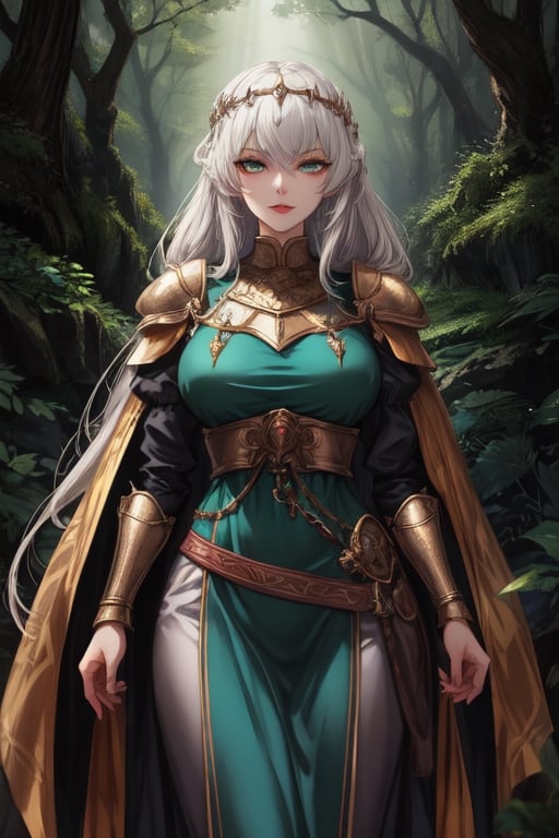 Young, emerald_eyes, emerald clothes, light armor, medieval Forest,milfication, bow,mature female