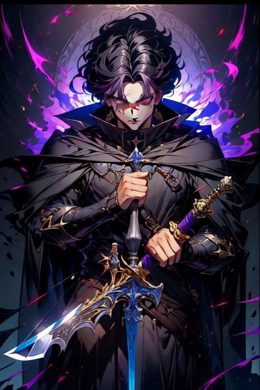 (Similar to baldurs gate portraits)Male, young, black hair, medium hair, purple eyes, white skin, black clothes, swordman, two swords, medieval background, night