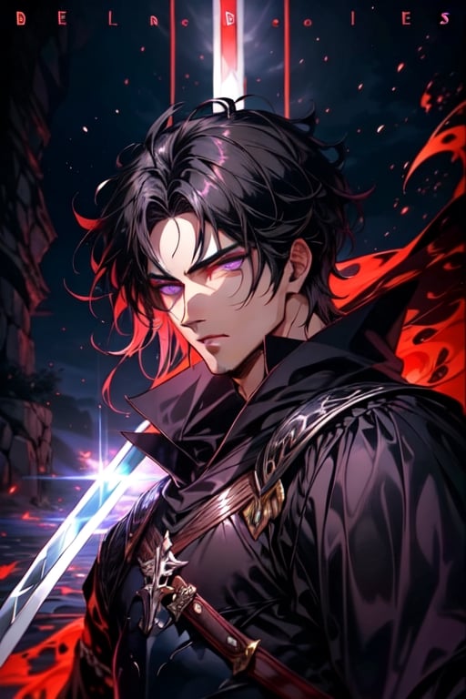 (Similar to baldurs gate portraits)Male, young, black hair, medium hair, purple eyes, white skin, black clothes, swordman, two swords, medieval background, night