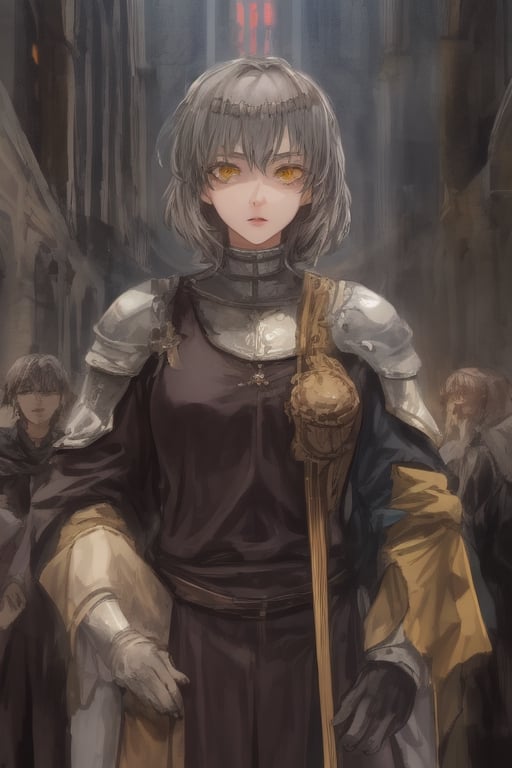 Young, medium_hair, Gray hair, yellow eyes, Golden clothes, templar armor, medieval church,milfication