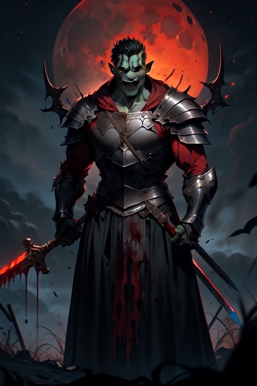 horror (theme),nodf_lora, a Half orc with a greatsword, medieval background, medieval armor, blood moon,r1ge