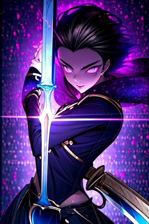 (Similar to baldurs gate portraits)Male, young, black hair, medium hair, purple eyes, white skin, black clothes, swordman, two swords, medieval background, night,FFIXBG,High detailed ,r1ge,Color magic,Circle,nodf_lora