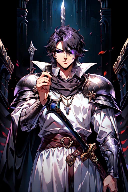 (Similar to baldurs gate portraits)Male, young, black hair, medium hair, purple eyes, white skin, black clothes, swordman, two swords, medieval background, night