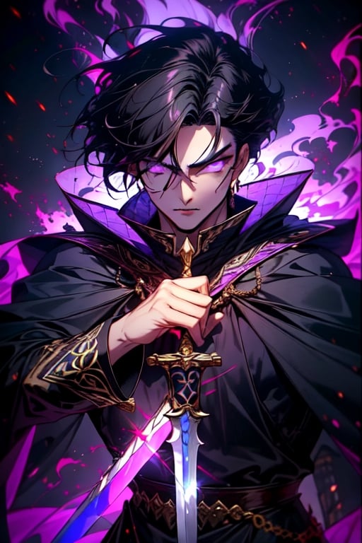 (Similar to baldurs gate portraits)Male, young, black hair, medium hair, purple eyes, white skin, black clothes, swordman, two swords, medieval background, night