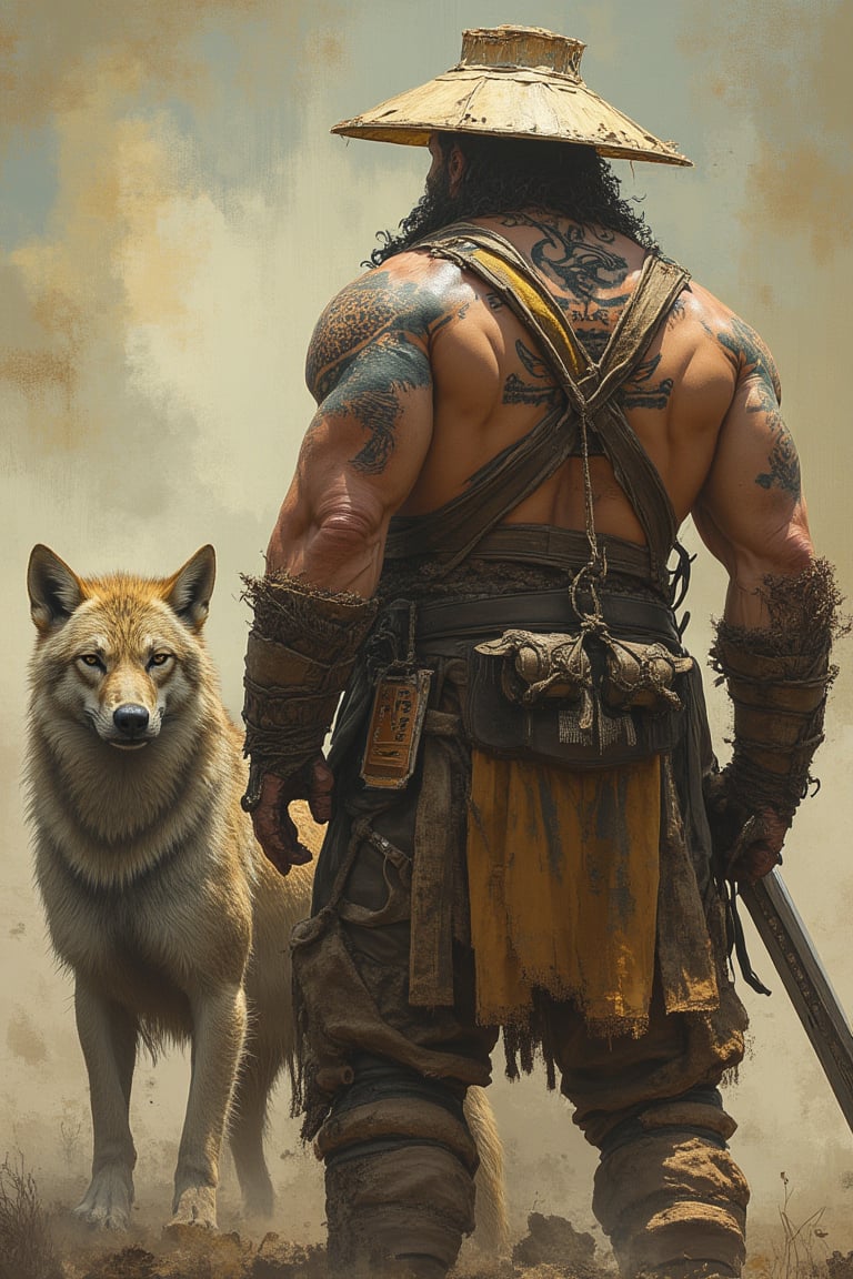 A majestic warrior stands confidently,  his broad shoulders and defined muscles straining against the worn leather of his...