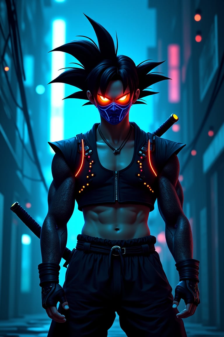 A photographic style of son Goku in graffitipunk setting,  standing frontally in the center. He has spiky black hair and a...