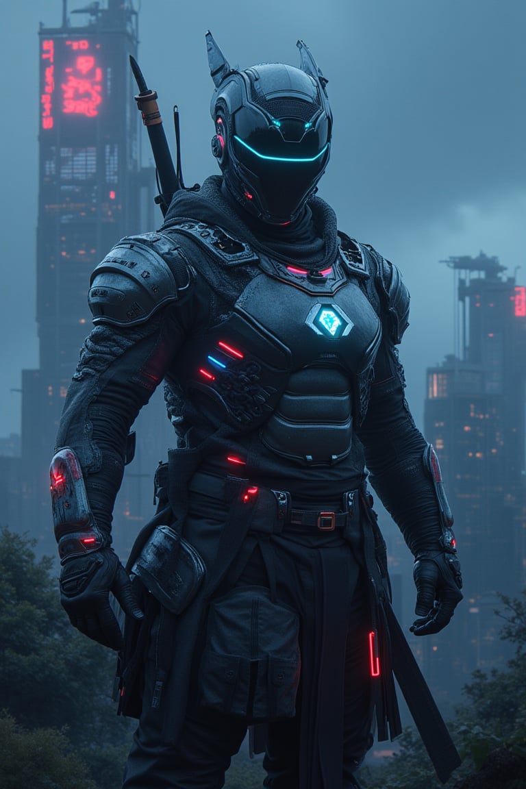 Digital illustration depicting a futuristic Ninja warrior in sophisticated cybernetically enhanced Ninja outfit The Ninja'...