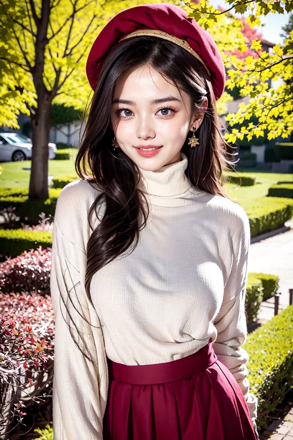 background is maple grove,maple tree trail,red leaves,red leaves of maple tree,street, 18 yo, 1 girl, beautiful korean girl,wearing cape coat(dark brown check pattern),turtleneck sweater,short skirt,beret,blowing by wind,happy smile, solo, {beautiful and detailed eyes}, dark eyes, calm expression, delicate facial features, ((model pose)), Glamor body type, (dark hair:1.2), simple tiny earrings, simple tiny necklace,bangs, flim grain, realhands, masterpiece, Best Quality, 16k, photorealistic, ultra-detailed, finely detailed, high resolution, perfect dynamic composition, beautiful detailed eyes, eye smile, ((nervous and embarrassed)), sharp-focus, full_body, cowboy_shot,

