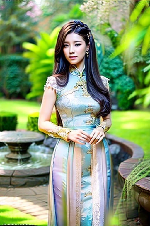 Ultra Realistic, a striking Vietnamese woman embraces her heritage with utmost pride. With poise and grace, she stands tall in front of a calm and peaceful lake, commanding attention. This breathtaking image, whether painted or photographed, captures her undeniable elegance and profound connection to her nationality. Adorned in traditional attire, every vibrant detail highlights the woman's beauty and cultural significance. The image exudes a sense of high-quality craftsmanship, allowing viewers to immerse themselves in the richness and authenticity of Vietnamese culture.