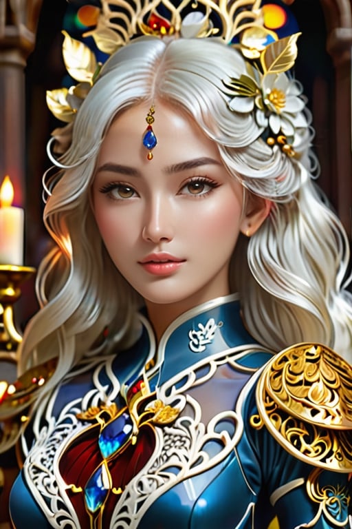 Generate a masterpiece image of a vietnamese regal beautiful girl with layered, white hair that cascades down her shoulders, embellished with a golden hairpiece resembling leaves and berries. (divine proportion), non-douche smile. Her eyes should be a striking blue, large and expressive, framed with long, delicate lashes. Her attire is a richly detailed armor with ornate, golden filigree designs, featuring intricate patterns and embedded with sapphire-like gemstones. The character is poised elegantly, exuding a noble aura, with soft light filtering through a stained glass window casting warm hues around her. Her expression is serene and composed, with a slight blush on her cheeks and a faint smile on her lips. The background is a grand, medieval library with rows of ancient books and flickering candles, creating an atmosphere of old-world charm and mystique. by Skyrn99, full body, (((rule of thirds))), high quality, high detail, high resolution, (bokeh:2), backlight, long exposure