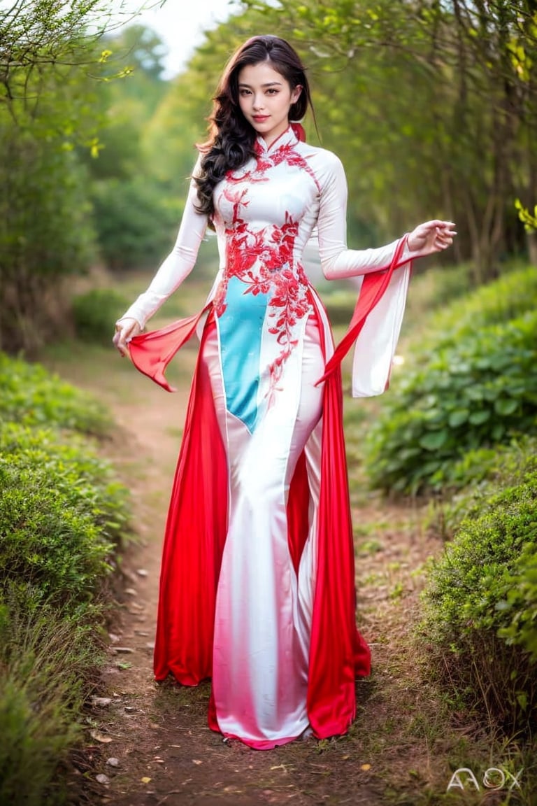 Photograph, Realistic, Full body, Beauty face, Euroasia mix women in ao dai, phoenix ao dai in red with wings, hot body, long leg, standing in middle forest, light mystery.